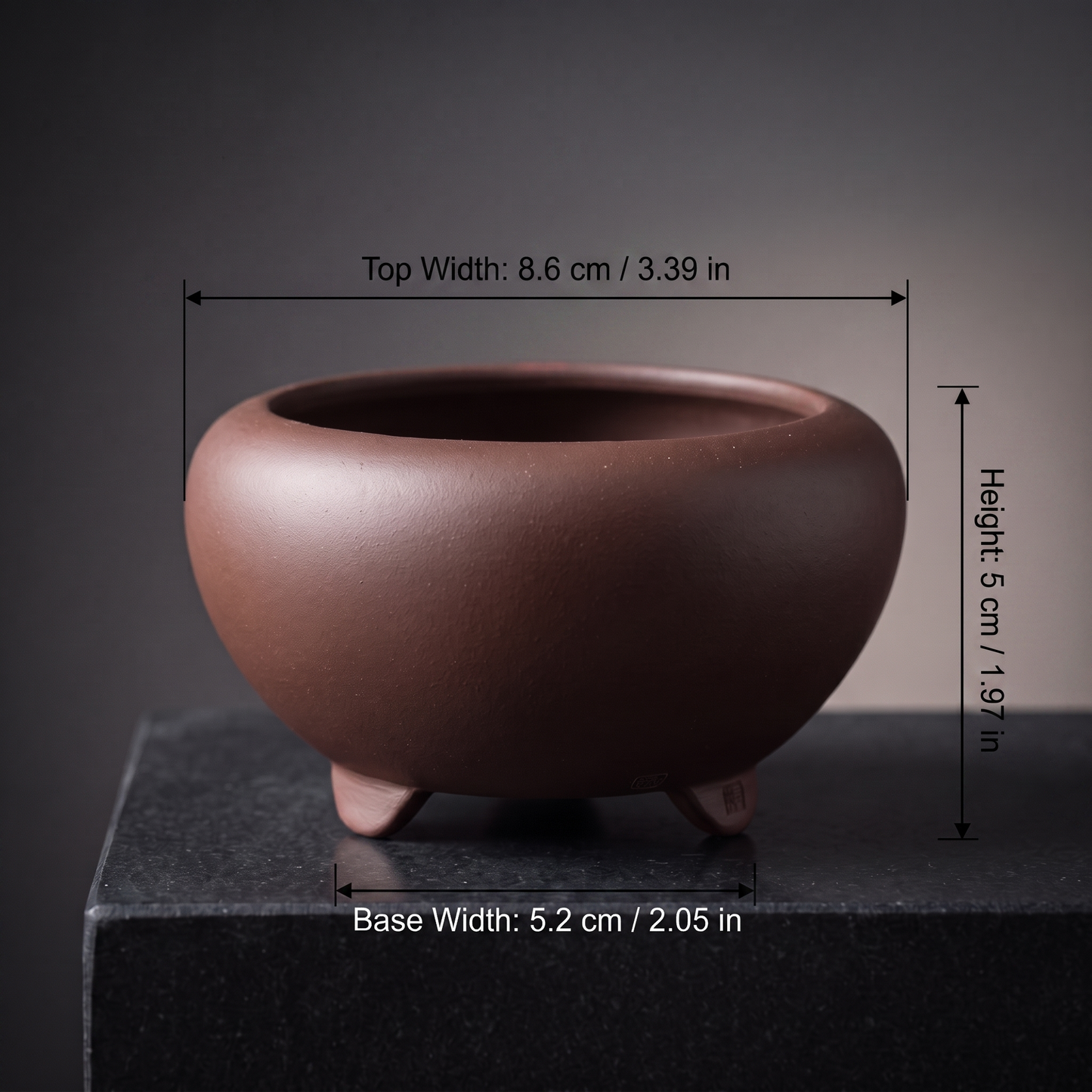 Footed Stoneware Bonsai Bowl — Espresso Walnut - size chart
