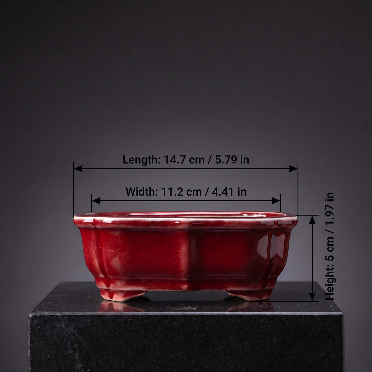 Porcelain Bonsai Pot — Glossy Oxblood Red - size chart