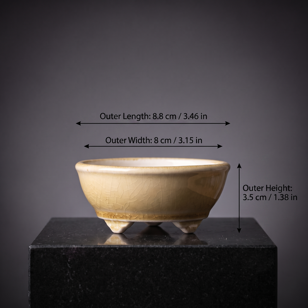 Cloud-Foot Begonia Bonsai Pot — Golden Caramel Crackle - size chart: Outer Length 8.8 cm / 3.46 in, Outer Width 8 cm / 3.15 in, Outer Height 3.5 cm / 1.38 in