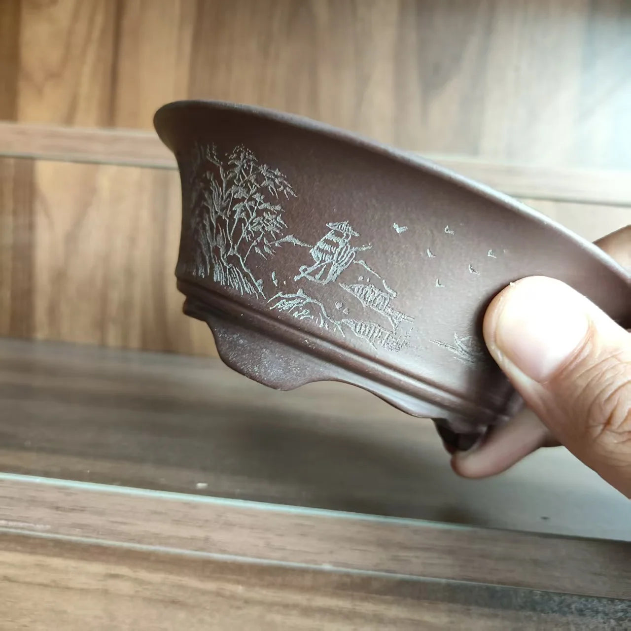 Hand-Carved Purple Clay Bonsai Pot — Round