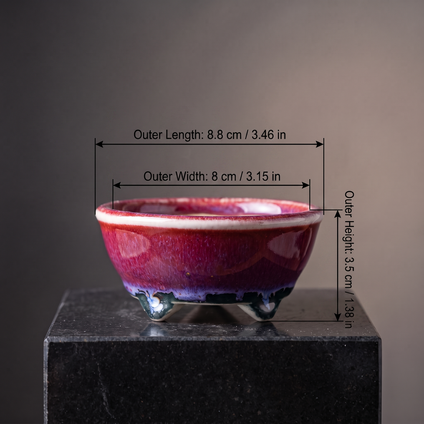 Cloud-Foot Begonia Bonsai Pot — Speckled Peacock Teal - size chart