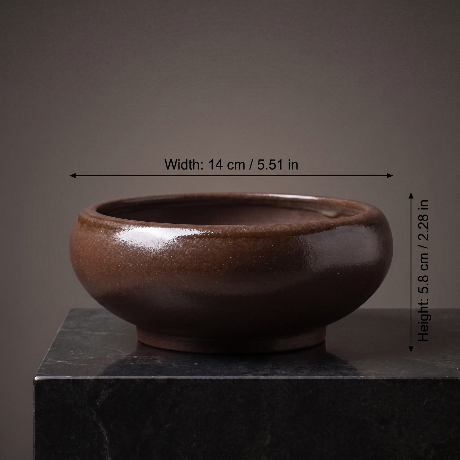 Wide Basin Stoneware Bonsai Bowl — Espresso Walnut - size chart