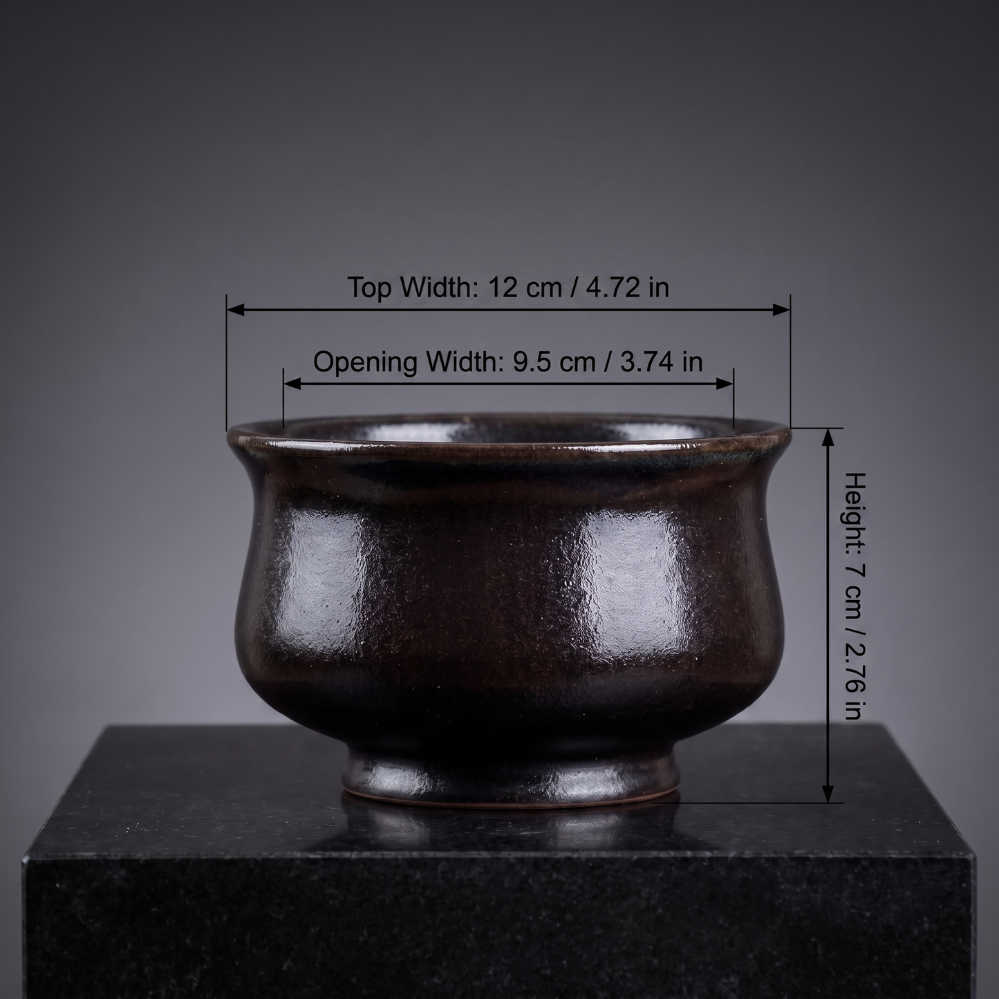 Trumpet Stoneware Bonsai Bowl — Onyx Black - size chart