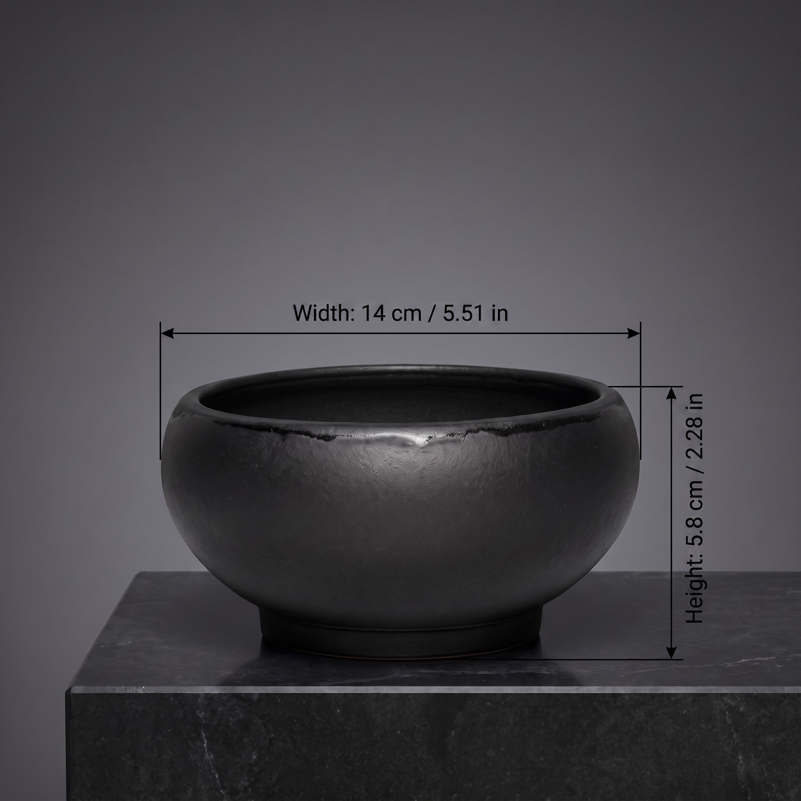 Wide Basin Stoneware Bonsai Bowl — Onyx Black - size chart