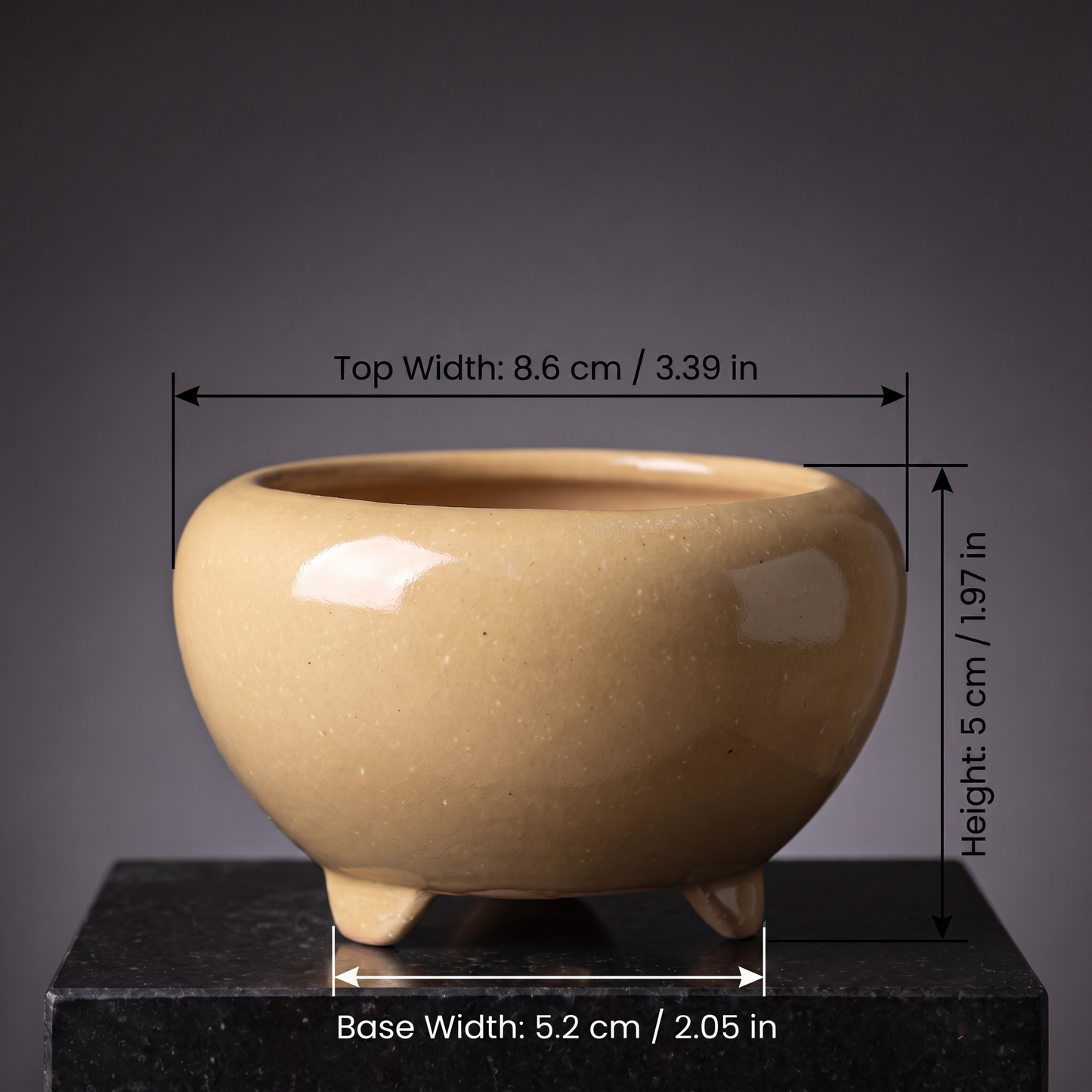 Footed Stoneware Bonsai Bowl — Champagne Sand - size chart