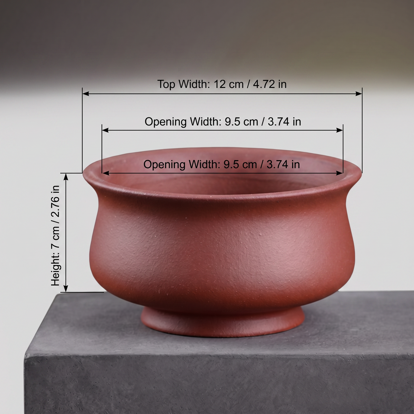 Trumpet Stoneware Bonsai Bowl — Terracotta Ember - size chart