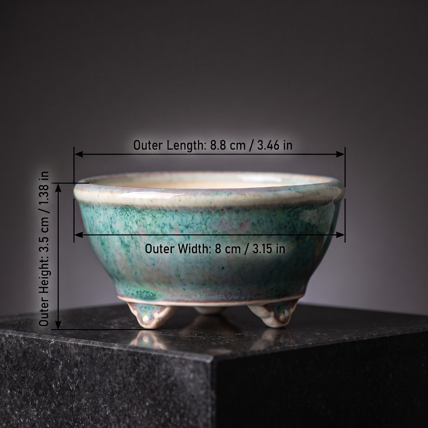 Cloud-Foot Begonia Bonsai Pot — Oxblood Flambé Gradient - size chart