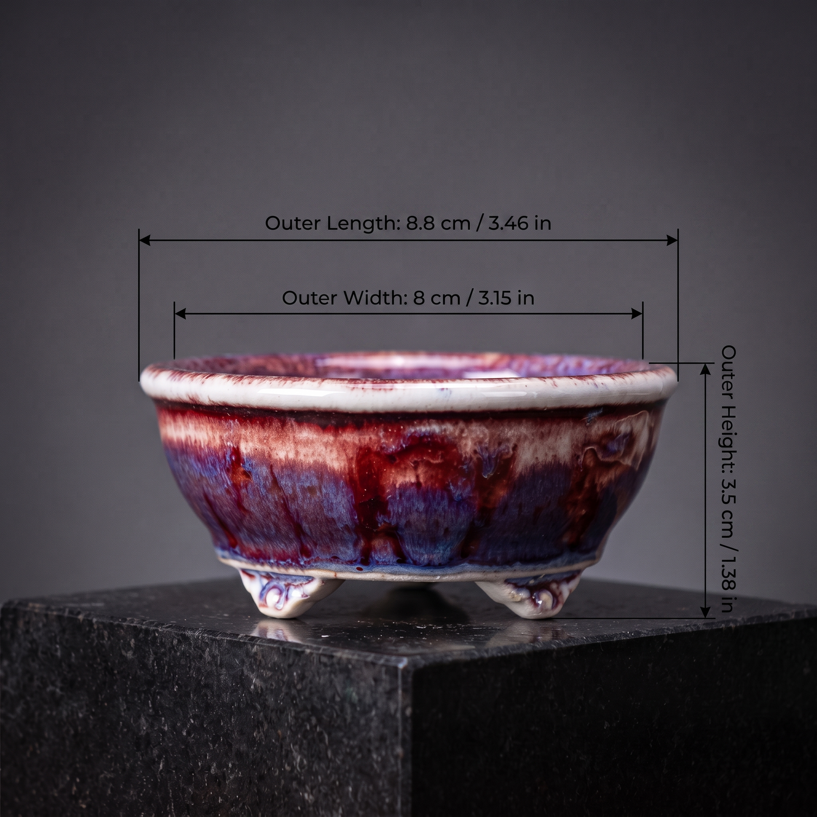 Cloud-Foot Begonia Bonsai Pot — Golden Caramel Crackle - size chart