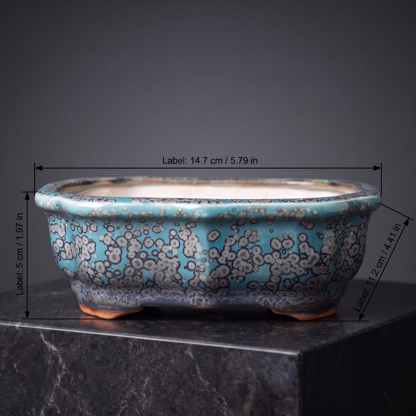 Porcelain Bonsai Pot — Speckled Teal Crackle - size chart