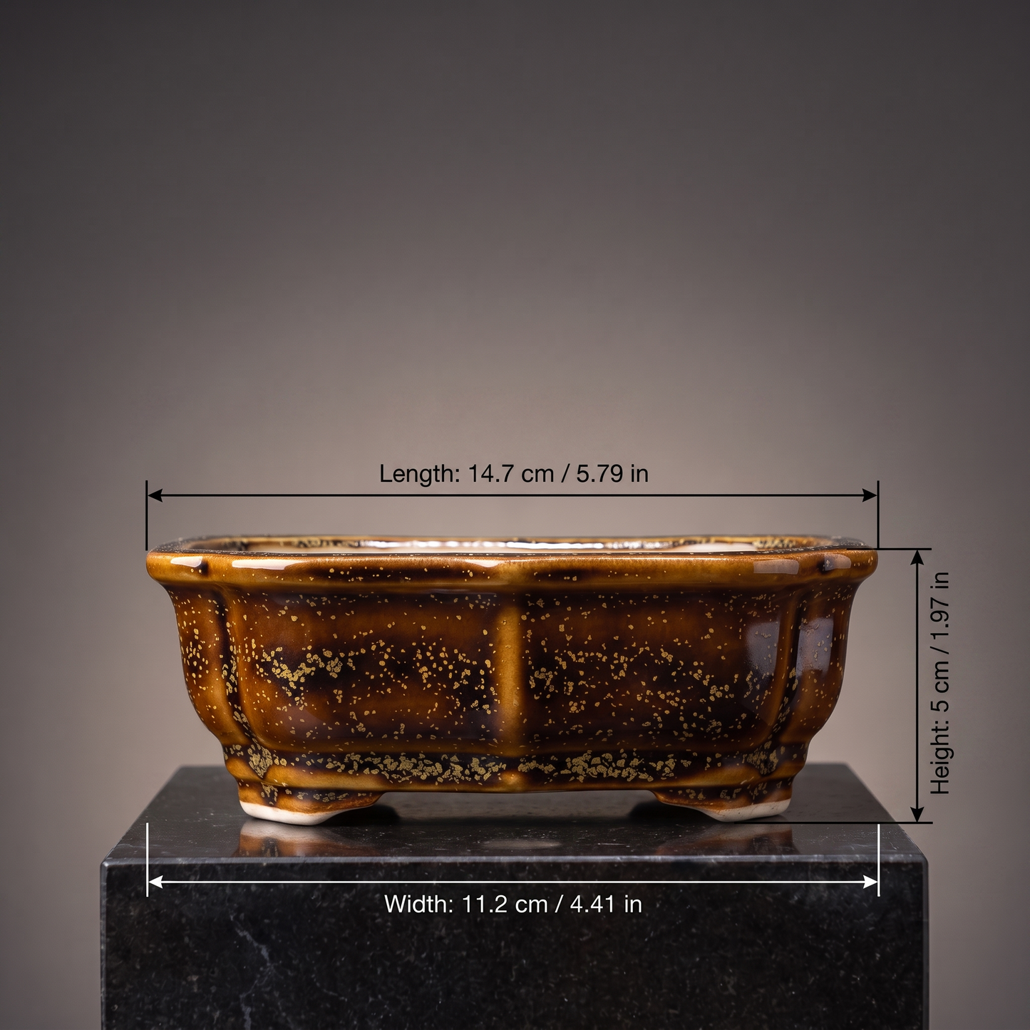 Porcelain Bonsai Pot — Speckled Amber Bronze - size chart
