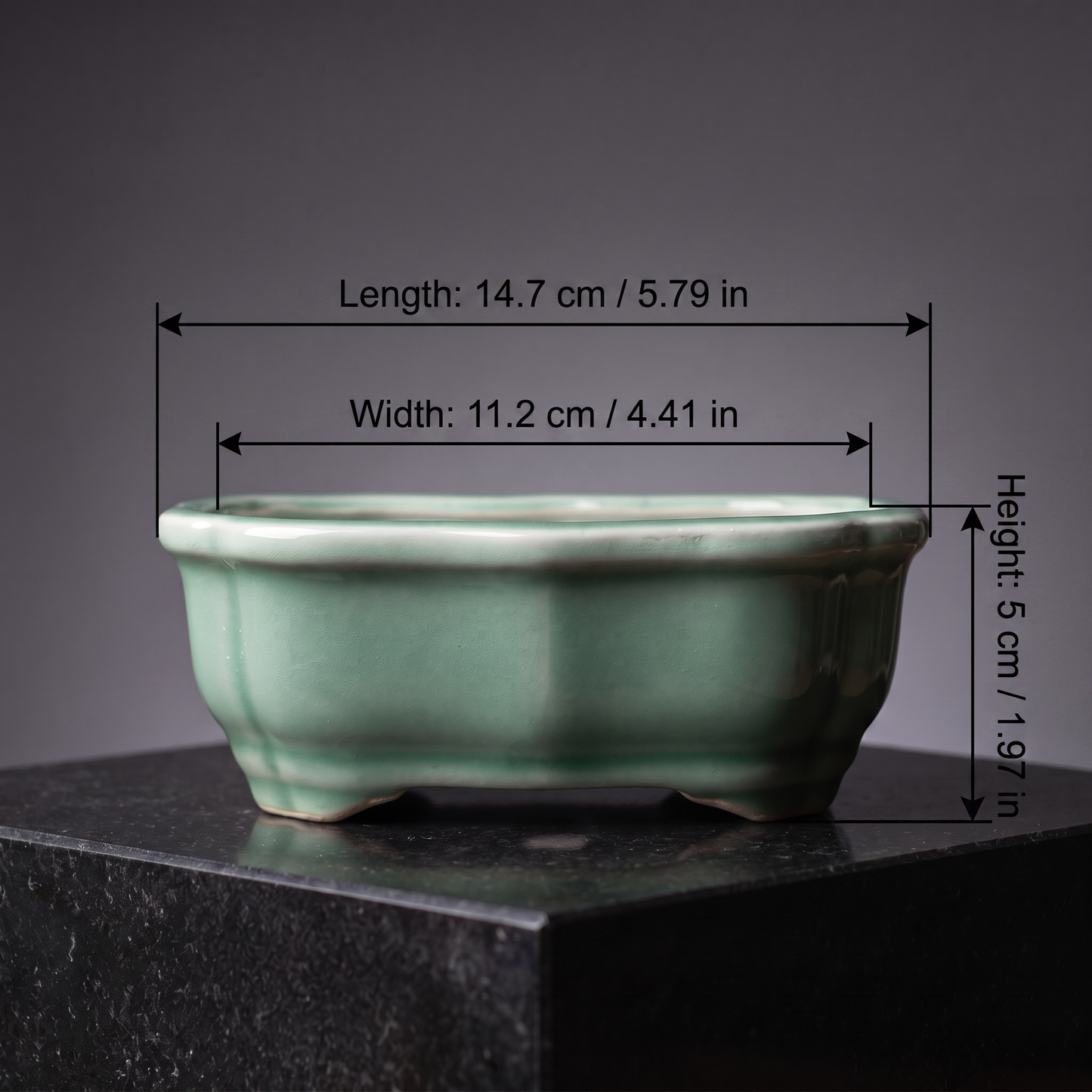 Porcelain Bonsai Pot — Jade Mint Glaze - size chart