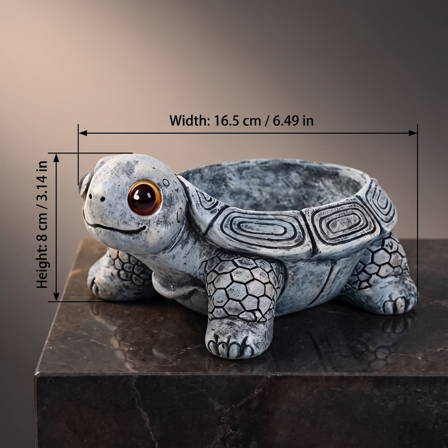 Resin Turtle Planter — Slate Grey - size chart