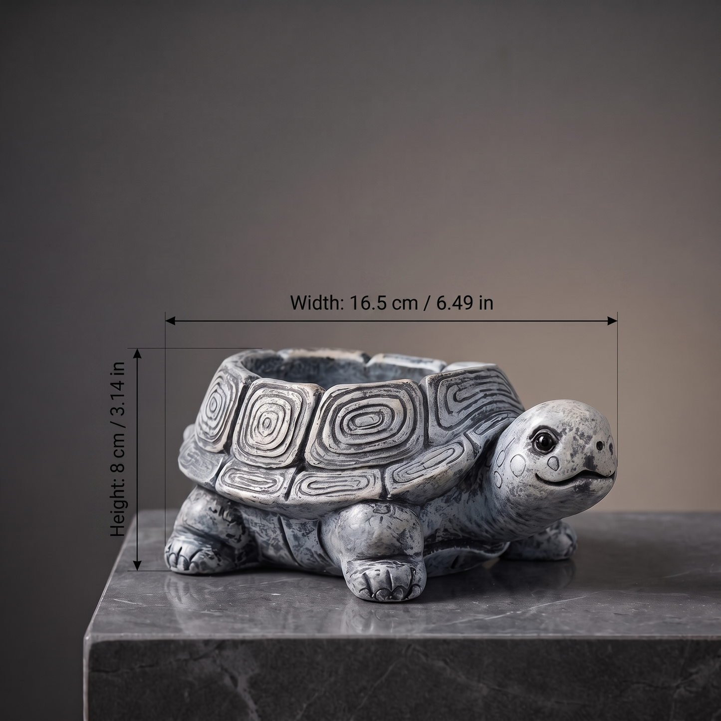 Resin Turtle Planter — Speckled Stone Grey - size chart