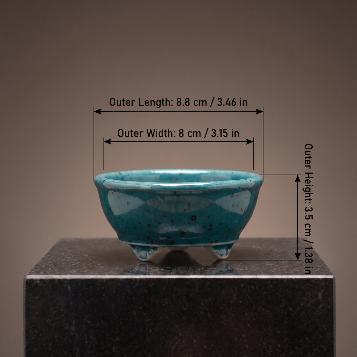 Cloud-Foot Begonia Bonsai Pot — Speckled Peacock Teal - size chart: Outer Length 8.8 cm / 3.46 in, Outer Width 8 cm / 3.15 in, Outer Height 3.5 cm / 1.38 in