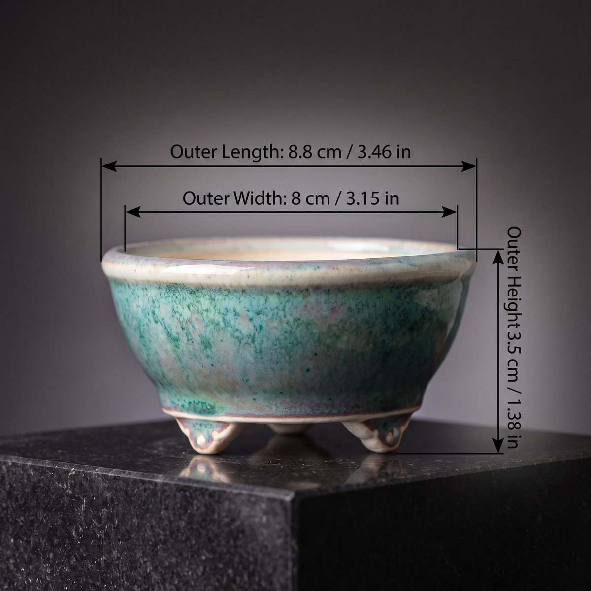 Cloud-Foot Begonia Bonsai Pot — Moss Green - size chart: Outer Length 8.8 cm / 3.46 in, Outer Width 8 cm / 3.15 in, Outer Height 3.5 cm / 1.38 in