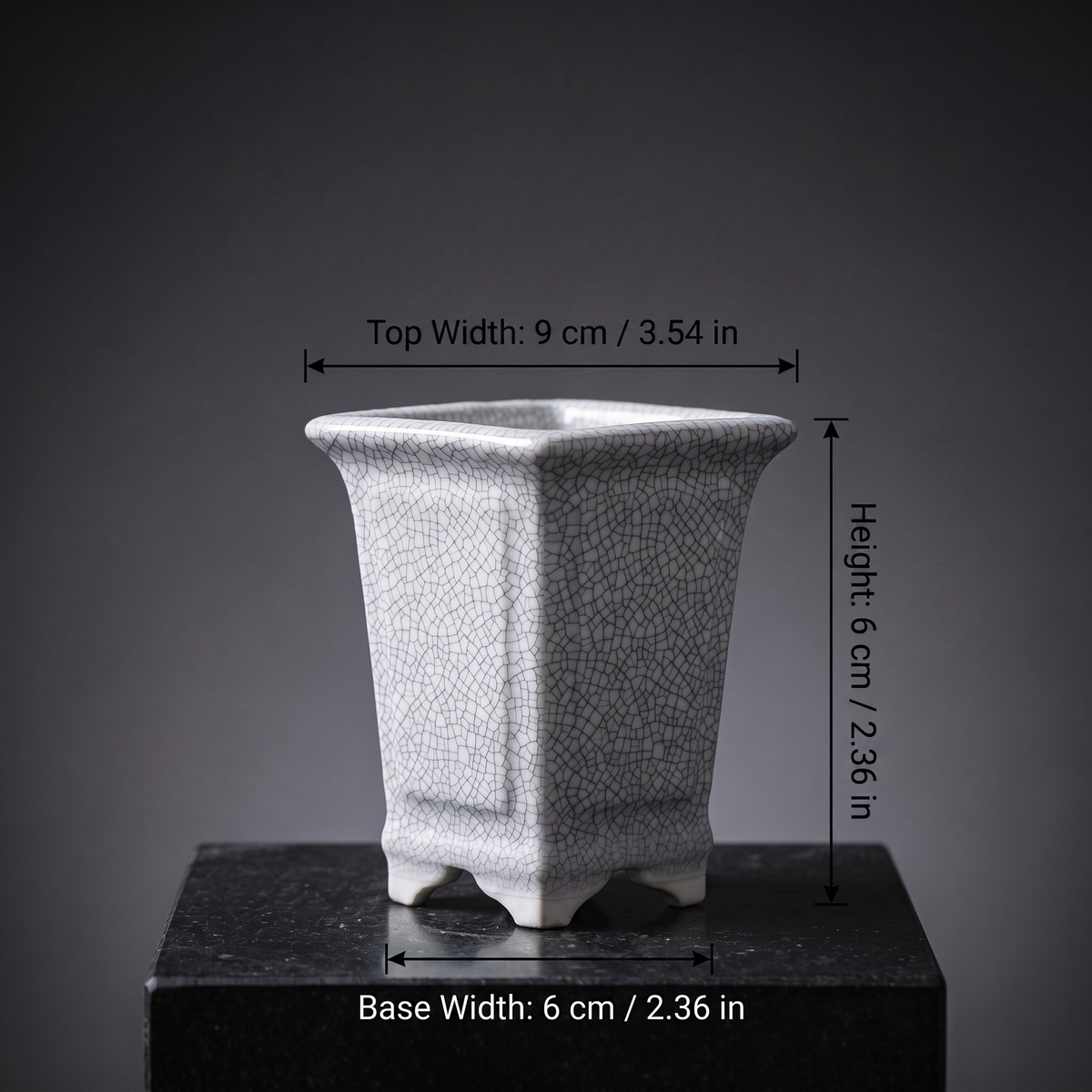 Ice-Crackle Glaze Flowerpot — Tapered Square - size chart: Top Width 9 cm / 3.54 in (approx.), Base Width 6 cm / 2.36 in (approx.), Height 6 cm / 2.36 in (approx.)