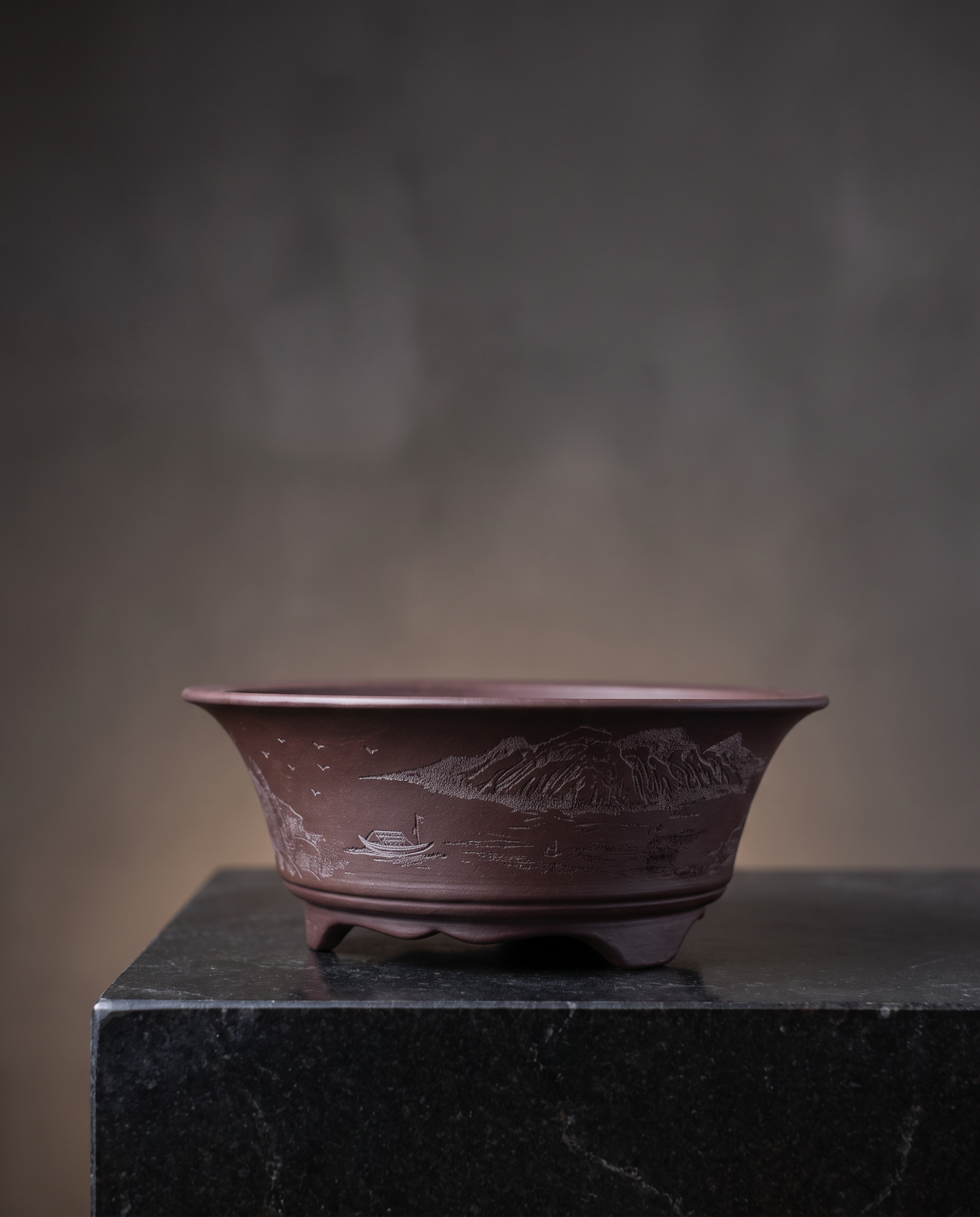 Hand-Carved Purple Clay Bonsai Pot — Round - modern gallery lifestyle scene