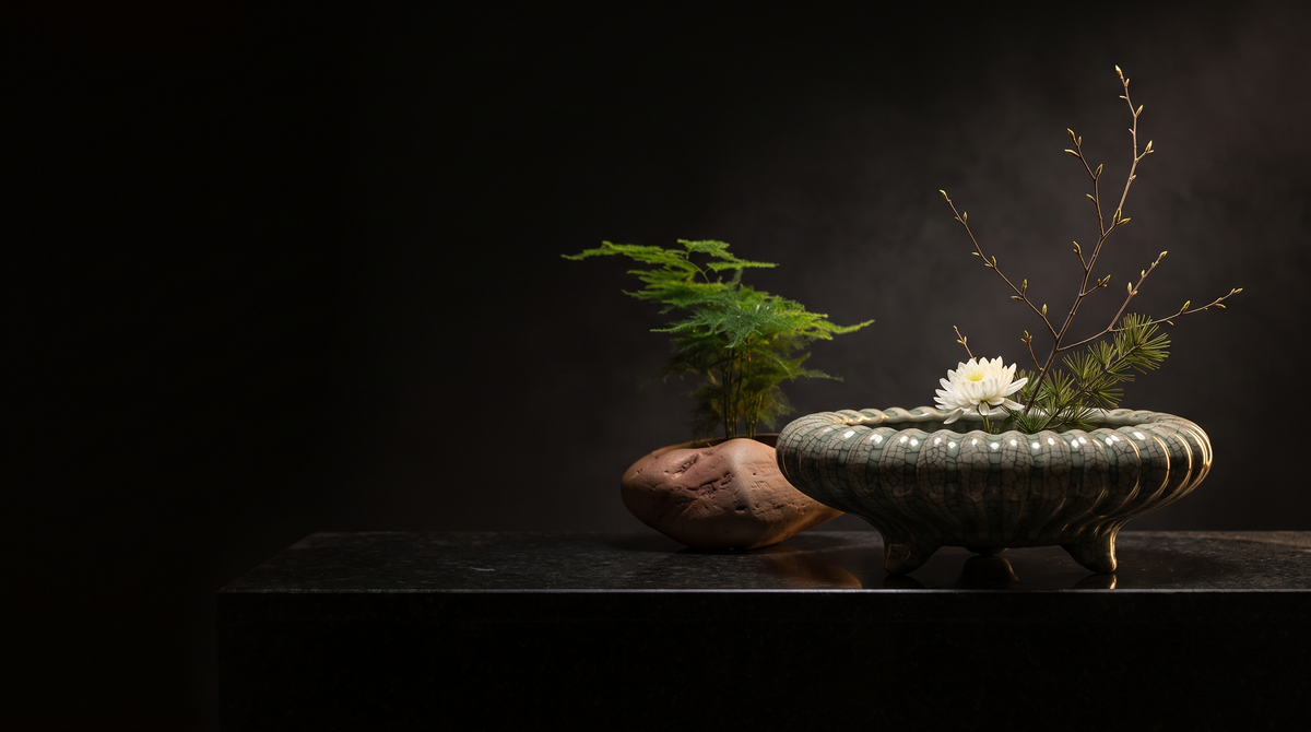 NookFlora hero banner - crackle-glaze ikebana vase and stoneware vase collector's vignette