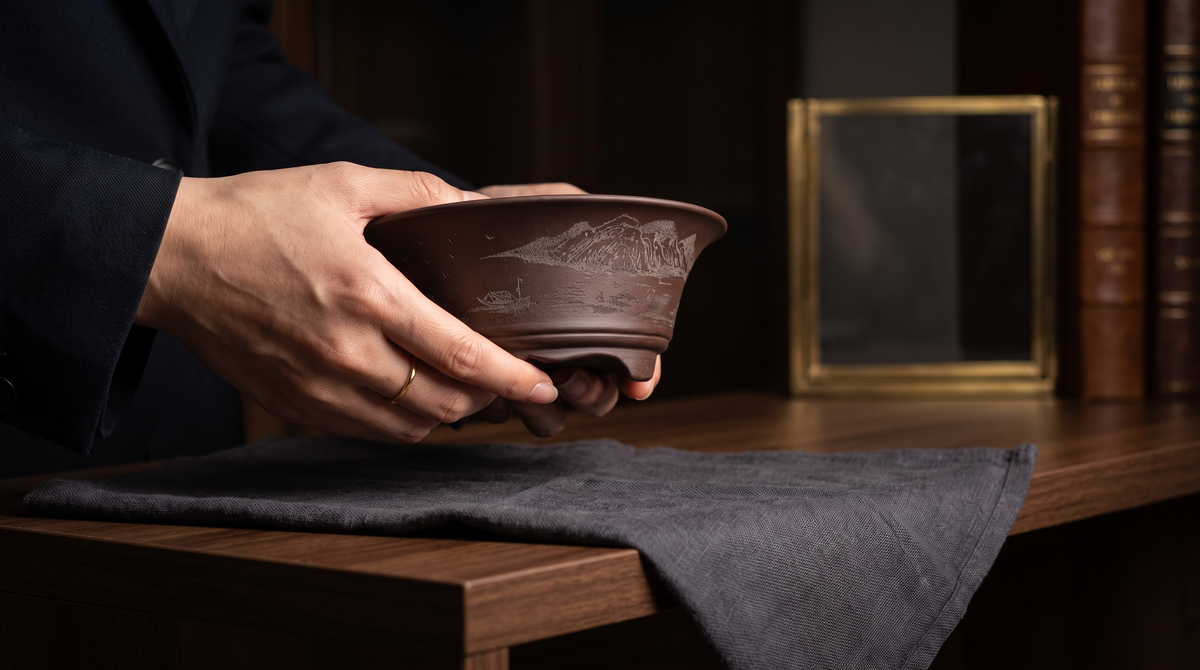 NookFlora lifestyle banner - hands presenting hand-carved purple clay bonsai pot